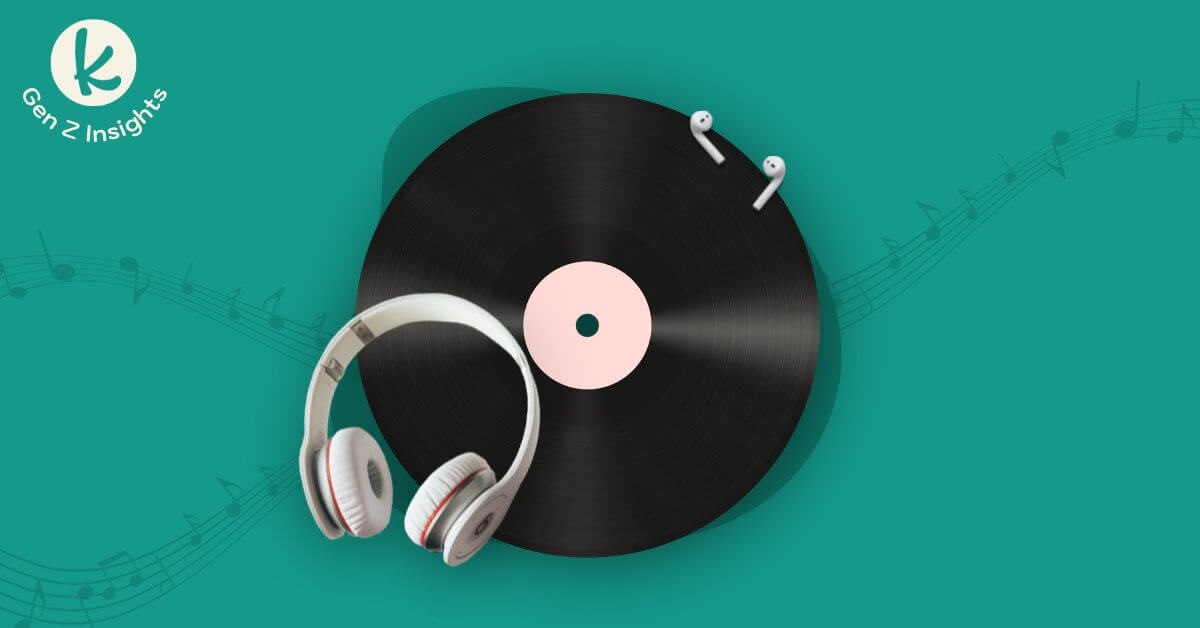 record player and headphones on teal background